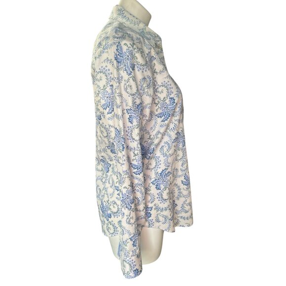 Chaps Black Label Womens M No Iron Blue White Floral Button Shirt Logo Buttons - Picture 3 of 16